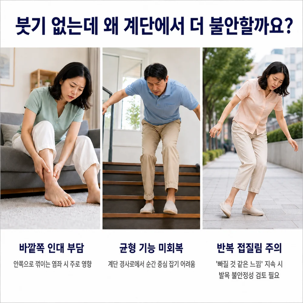 붓기 없는데 왜 계단에서 더 불안할까요 - 바깥쪽 인대 부담, 균형 기능 미회복, 반복 접질림 주의