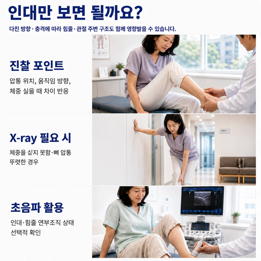 접질렸다면 인대만 보면 될까요 - 압통 지점과 움직임 반응 확인, 필요 시 X-ray, 인대·힘줄 문제는 초음파로 선택적 확인