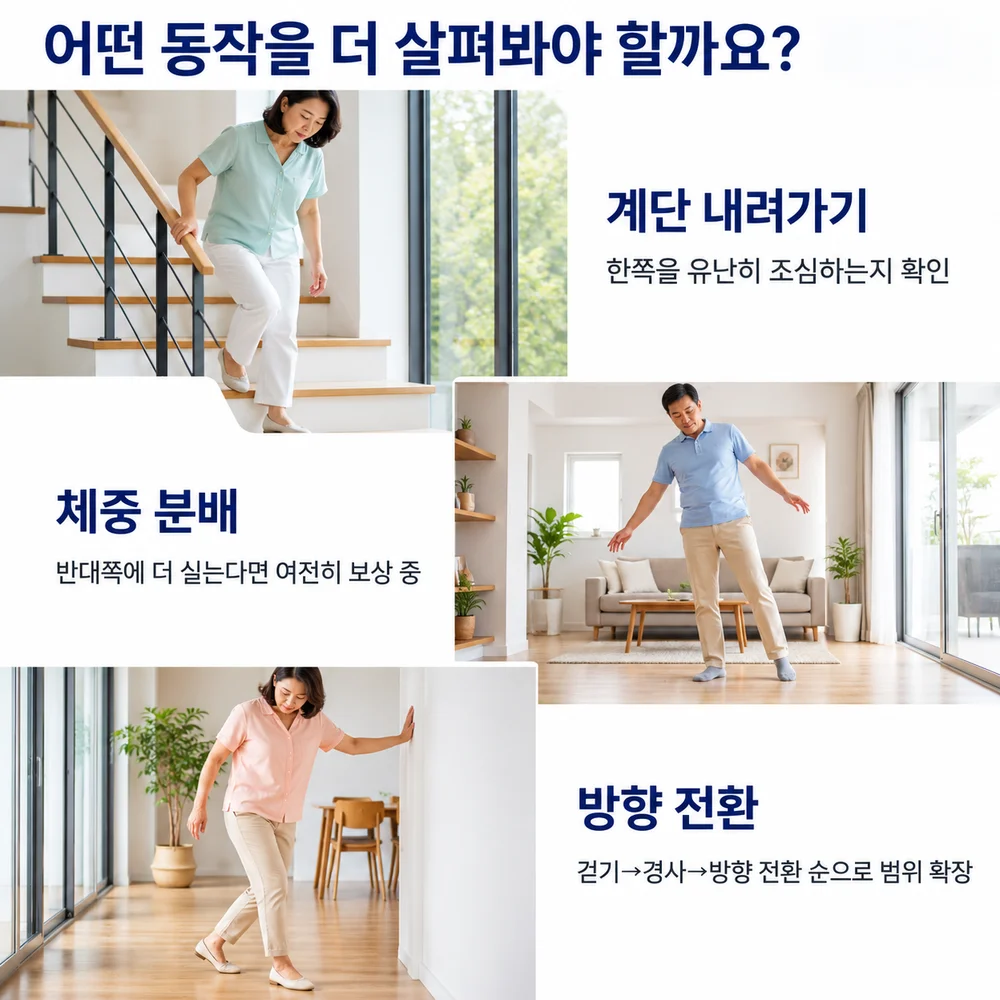어떤 동작을 더 살펴봐야 할까요 - 계단 내려가기, 체중 분배, 방향 전환 시 반응 확인