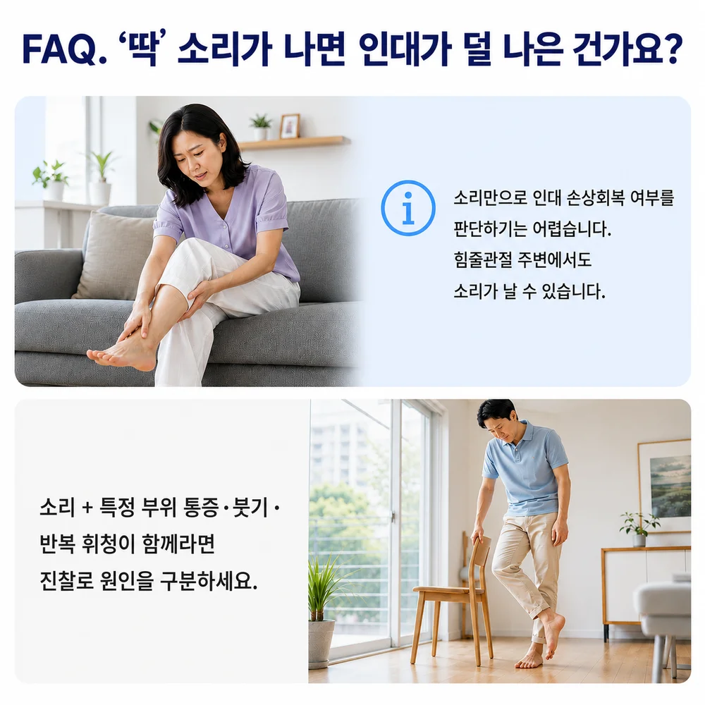 자주 묻는 질문 - 발목에서 딱 소리가 나면 인대가 아직 덜 나은 건가요, 소리만으로 판단하기 어려우며 동반 증상 확인 필요