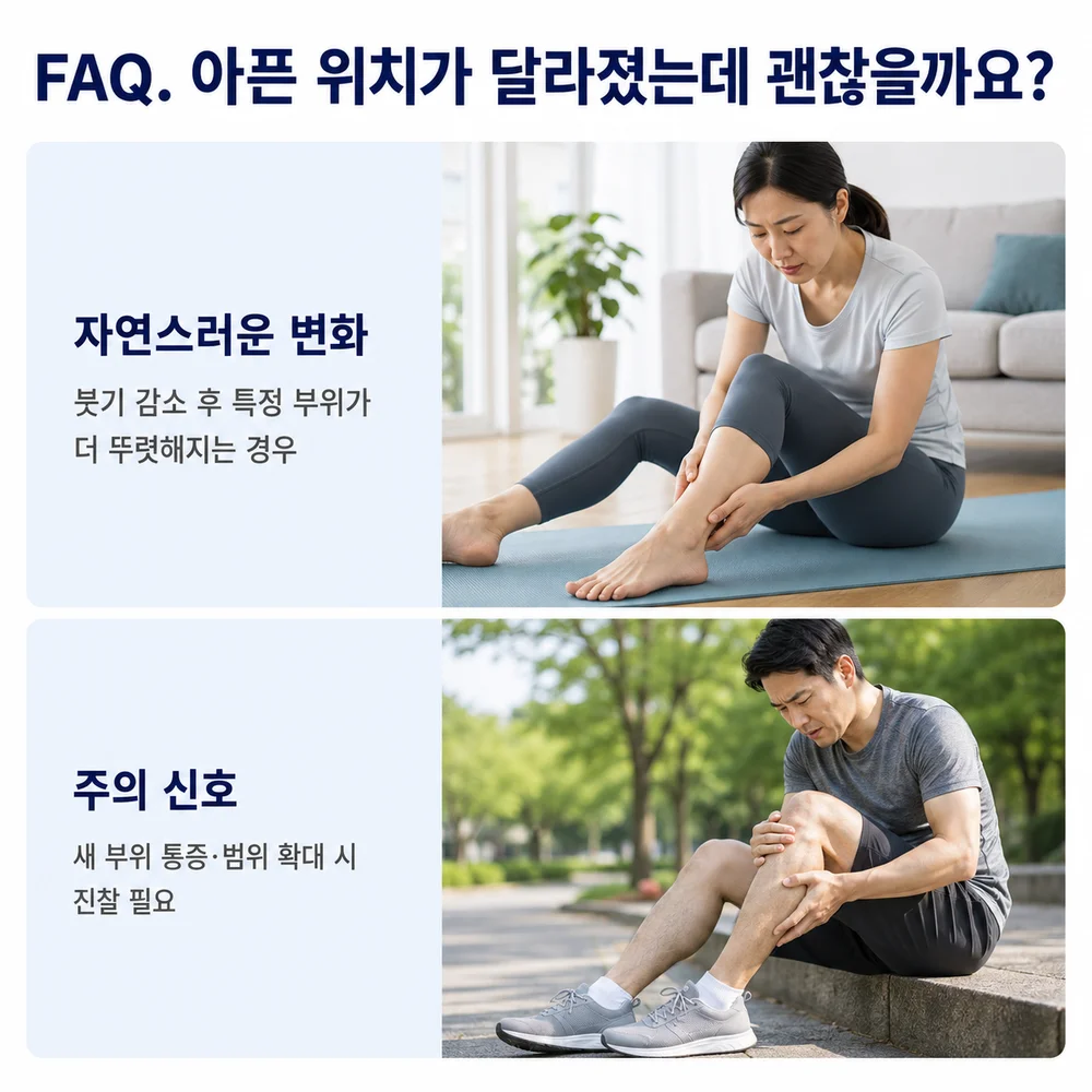 처음 삐었을 때와 지금 아픈 위치가 달라졌는데 괜찮을까요 - 시간에 따라 뚜렷해지는 부위가 달라질 수 있으나 새로운 부위가 계속 아프면 확인 필요