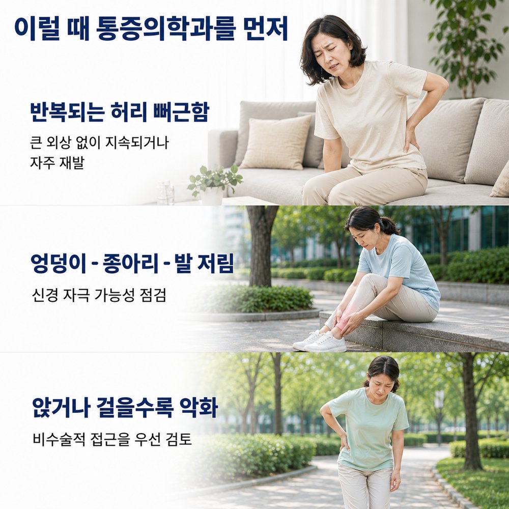 이럴 때 통증의학과를 먼저 - 반복되는 허리 뻐근함, 엉덩이·종아리·발 저림, 앉거나 걸을수록 악화