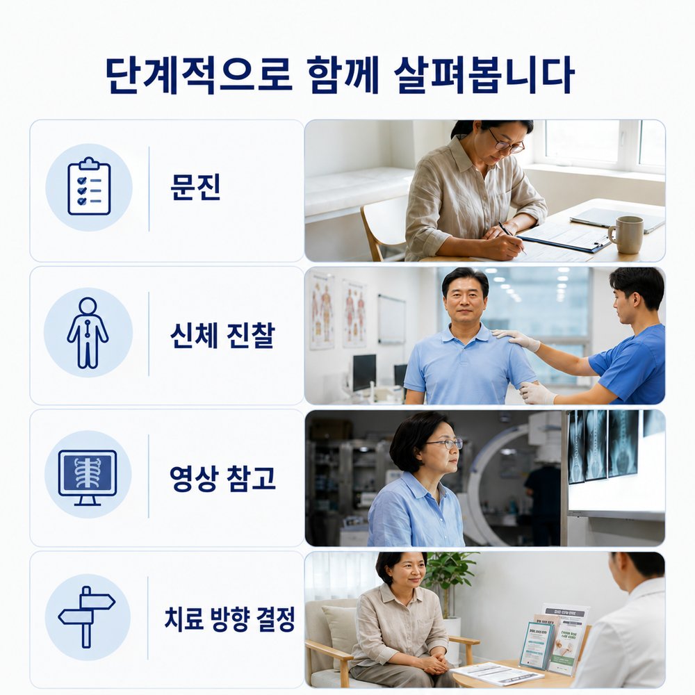 단계적으로 함께 살펴봅니다 - 문진, 신체 진찰, 영상 참고, 치료 방향 결정