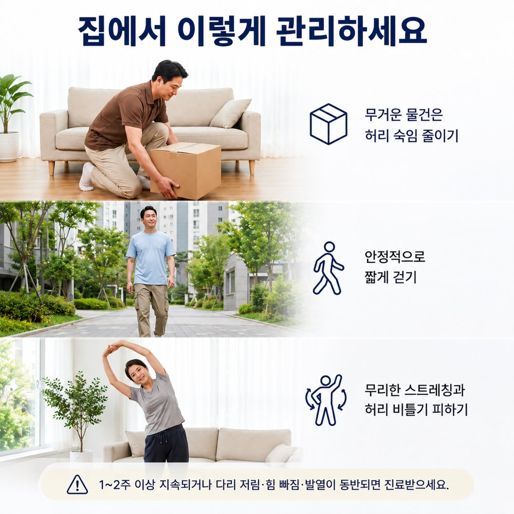 집에서 이렇게 관리하세요 - 무거운 물건 허리 숙임 줄이기, 안정적으로 짧게 걷기, 무리한 스트레칭·허리 비틀기 피하기