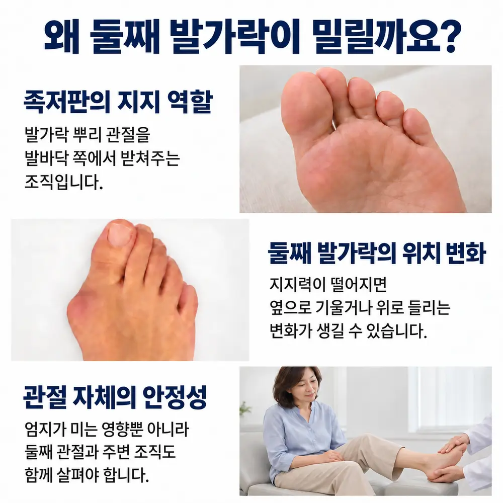 왜 둘째 발가락이 밀릴까요 - 족저판의 지지 역할: 발가락 뿌리 관절을 발바닥 쪽에서 받쳐주는 조직, 둘째 발가락의 위치 변화: 지지력이 떨어지면 옆으로 기울거나 위로 들리는 변화가 생길 수 있음, 관절 자체의 안정성: 엄지가 미는 영향뿐 아니라 둘째 관절과 주변 조직도 함께 살펴야 함