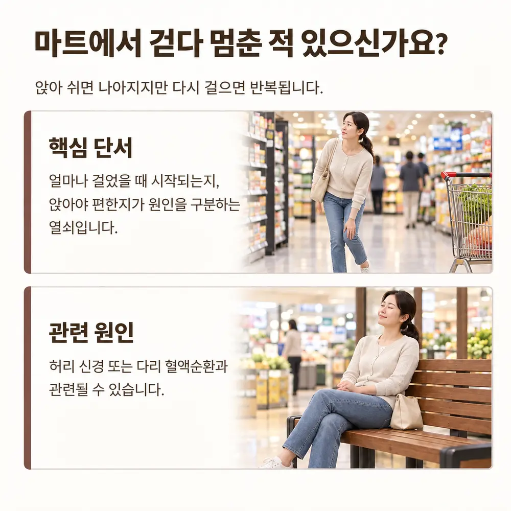 마트에서 걷다 멈춘 적 있으신가요 - 앉아 쉬면 나아지지만 다시 걸으면 반복됩니다, 핵심 단서는 얼마나 걸었을 때 시작되는지와 앉아야 편한지가 원인을 구분하는 열쇠입니다, 관련 원인은 허리 신경 또는 다리 혈액순환과 관련될 수 있습니다