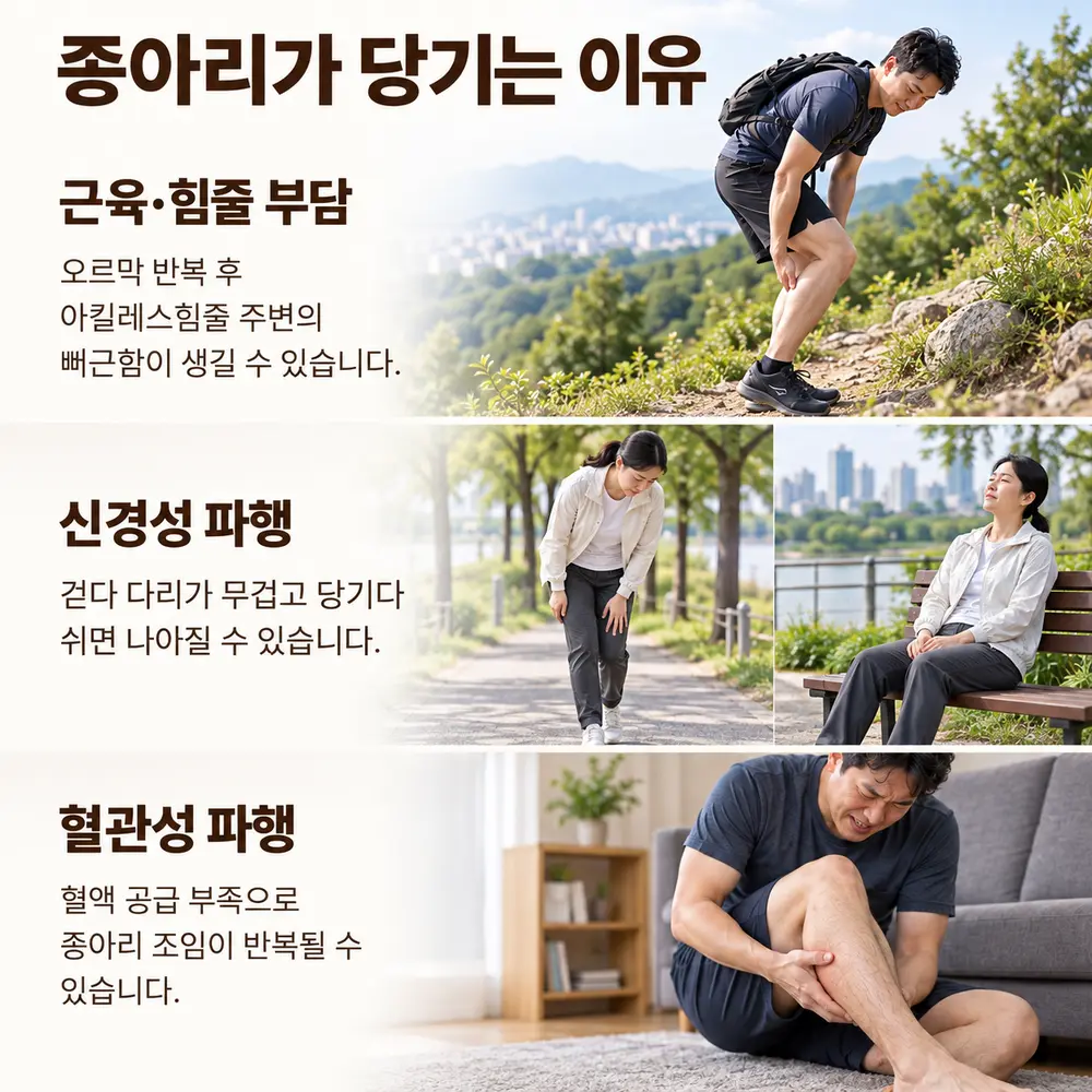 종아리가 당기는 이유 - 근육·힘줄 부담: 오르막 반복 후 아킬레스힘줄 주변 뻐근함, 신경성 파행: 걷다 다리가 무겁고 당기다 쉬면 나아질 수 있음, 혈관성 파행: 혈액 공급 부족으로 종아리 조임이 반복될 수 있음