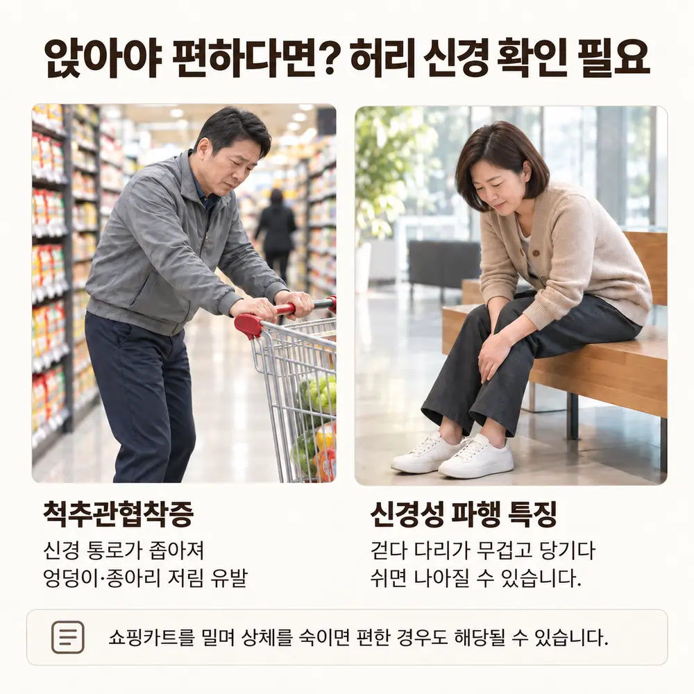 앉아야 편하다면 허리 신경 확인 필요 - 척추관협착증: 신경 통로가 좁아져 엉덩이·종아리 저림 유발, 신경성 파행 특징: 걷다 다리가 무겁고 당기다 쉬면 나아질 수 있음, 쇼핑카트를 밀며 상체를 숙이면 편한 경우도 해당될 수 있습니다