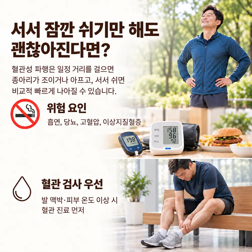 서서 잠깐 쉬기만 해도 괜찮아진다면 - 혈관성 파행은 일정 거리를 걸으면 종아리가 조이거나 아프고 서서 쉬면 비교적 빠르게 나아질 수 있습니다, 위험 요인은 흡연·당뇨·고혈압·이상지질혈증, 발 맥박·피부 온도 이상 시 혈관 검사 우선