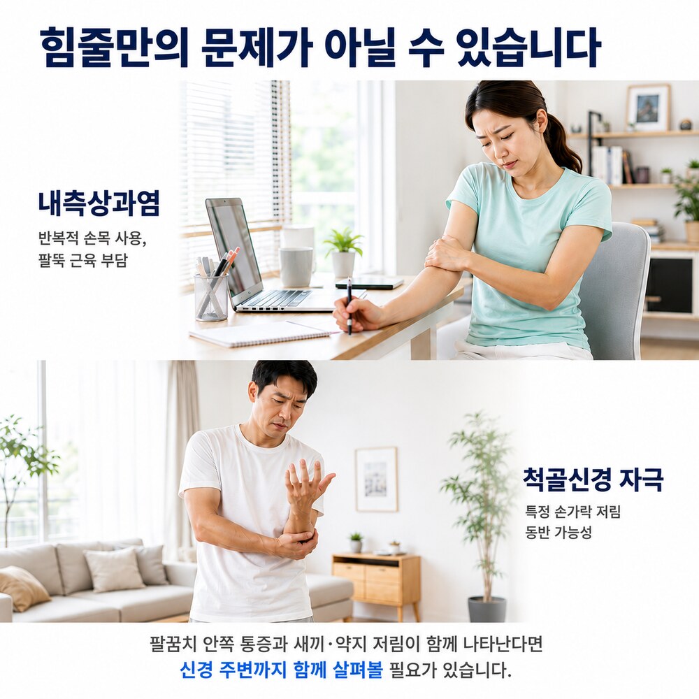 힘줄만의 문제가 아닐 수 있습니다 - 내측상과염은 반복적 손목 사용과 팔뚝 근육 부담, 척골신경 자극은 특정 손가락 저림 동반 가능