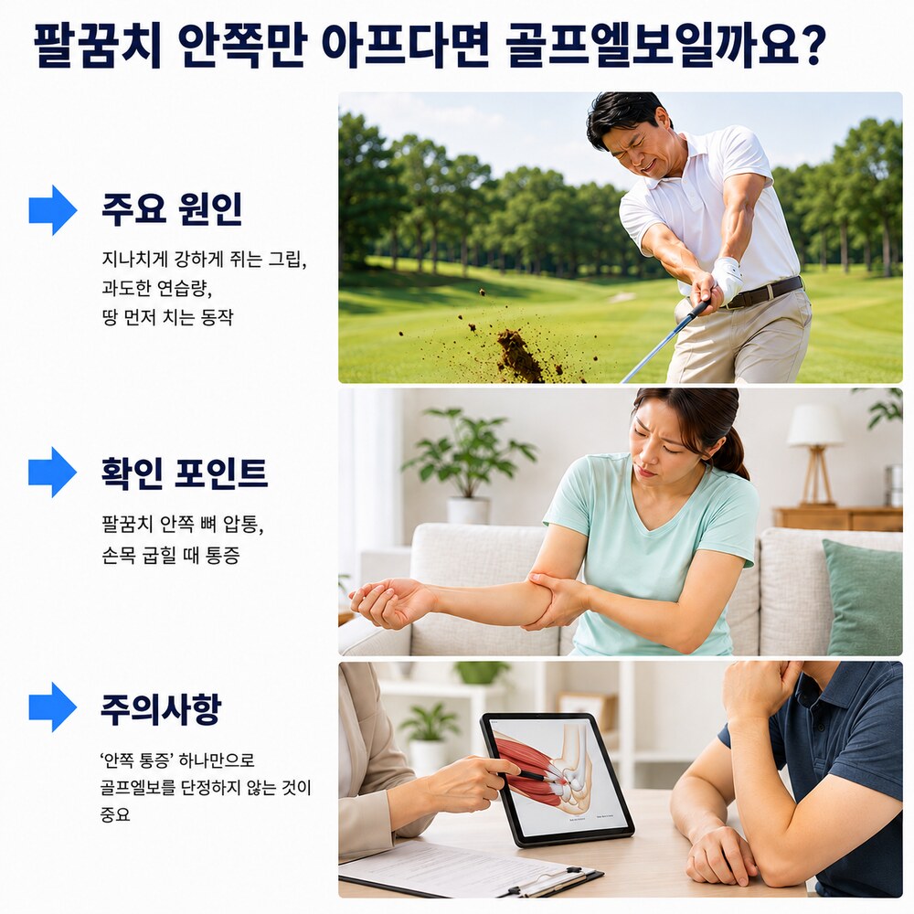 팔꿈치 안쪽만 아프다면 골프엘보일까요 - 주요 원인은 강한 그립·과도한 연습량·땅을 먼저 치는 동작, 확인 포인트는 뼈 압통과 손목 굽힘 통증