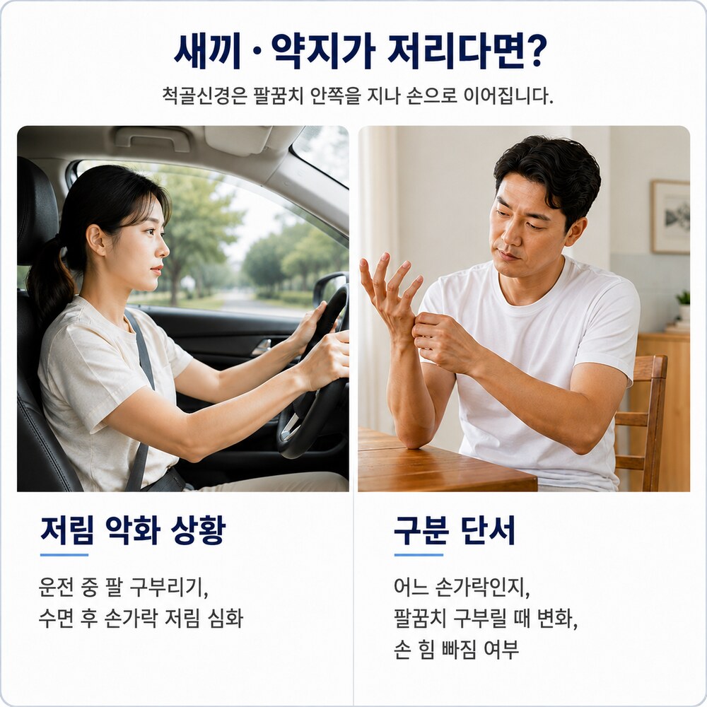 새끼·약지가 저리다면 - 척골신경은 팔꿈치 안쪽을 지나 손으로 이어짐, 운전·수면 후 저림 악화와 손가락별 구분 단서 확인