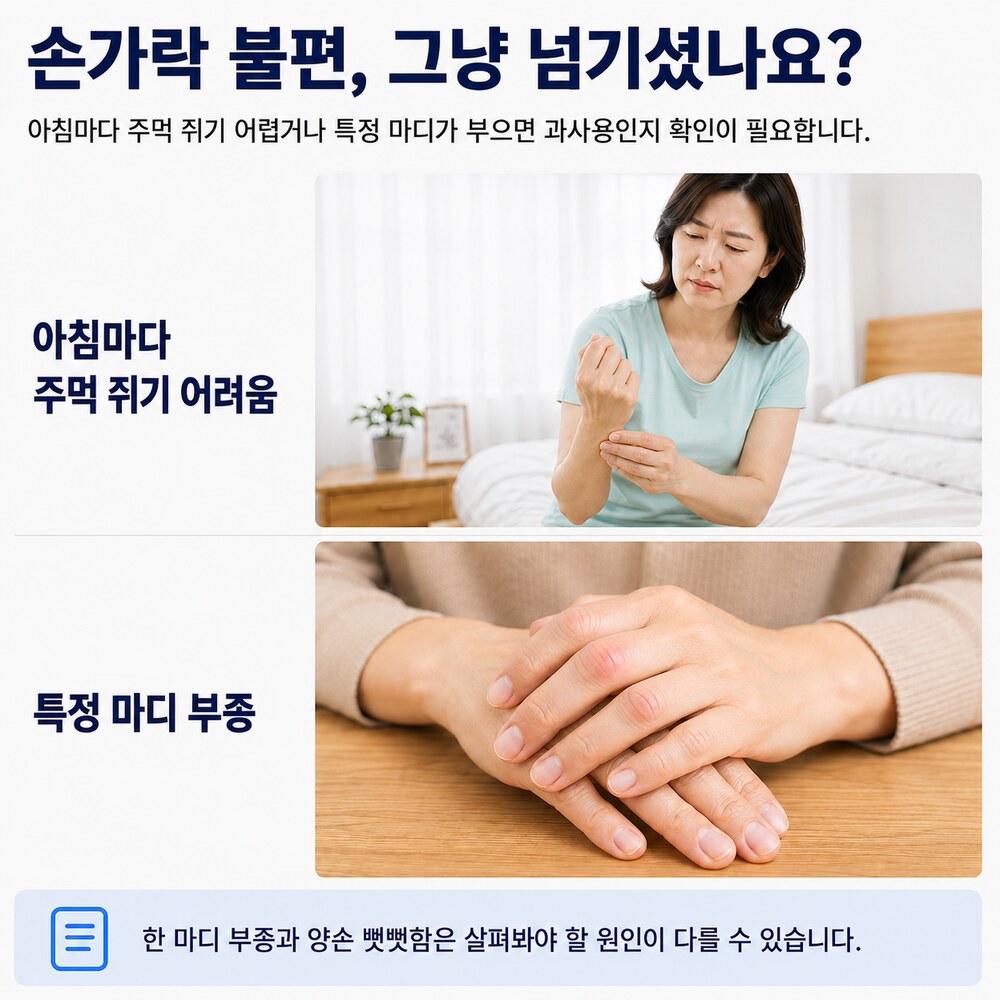 손가락 불편, 그냥 넘기셨나요 - 아침마다 주먹 쥐기 어려움, 특정 마디 부종