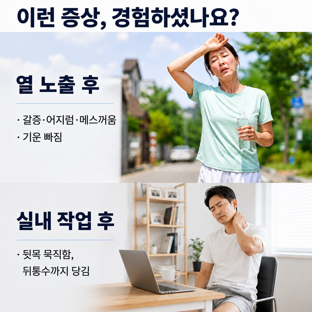 이런 증상 경험하셨나요 - 열 노출 후 갈증·어지럼·메스꺼움·기운 빠짐, 실내 작업 후 뒷목 묵직함