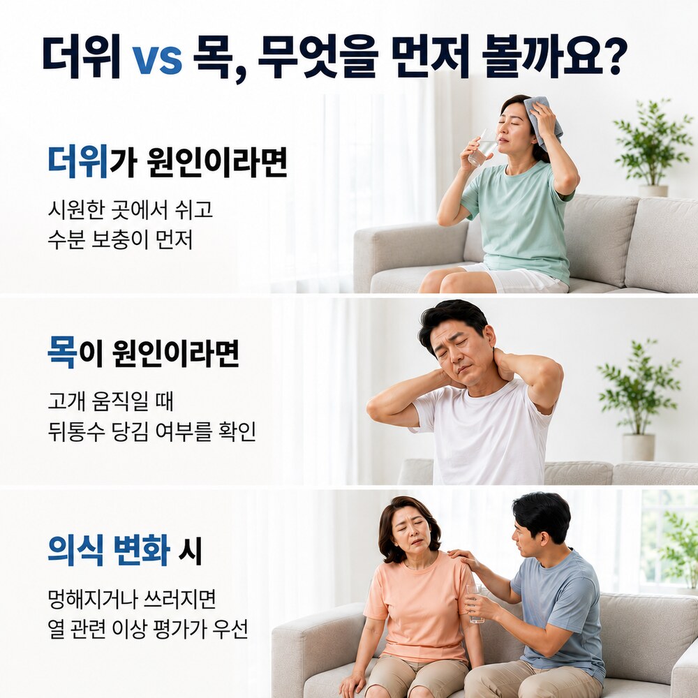 더위 vs 목, 무엇을 먼저 볼까요 - 더위가 원인이면 수분 보충, 목이 원인이면 고개 움직임 확인, 의식 변화 시 열 관련 평가