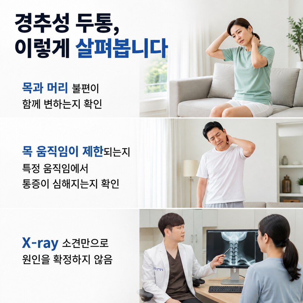 경추성 두통 판단 기준 - 목과 머리 불편이 함께 변하는지, 목 움직임 제한 여부, X-ray 소견만으로 원인을 확정하지 않음