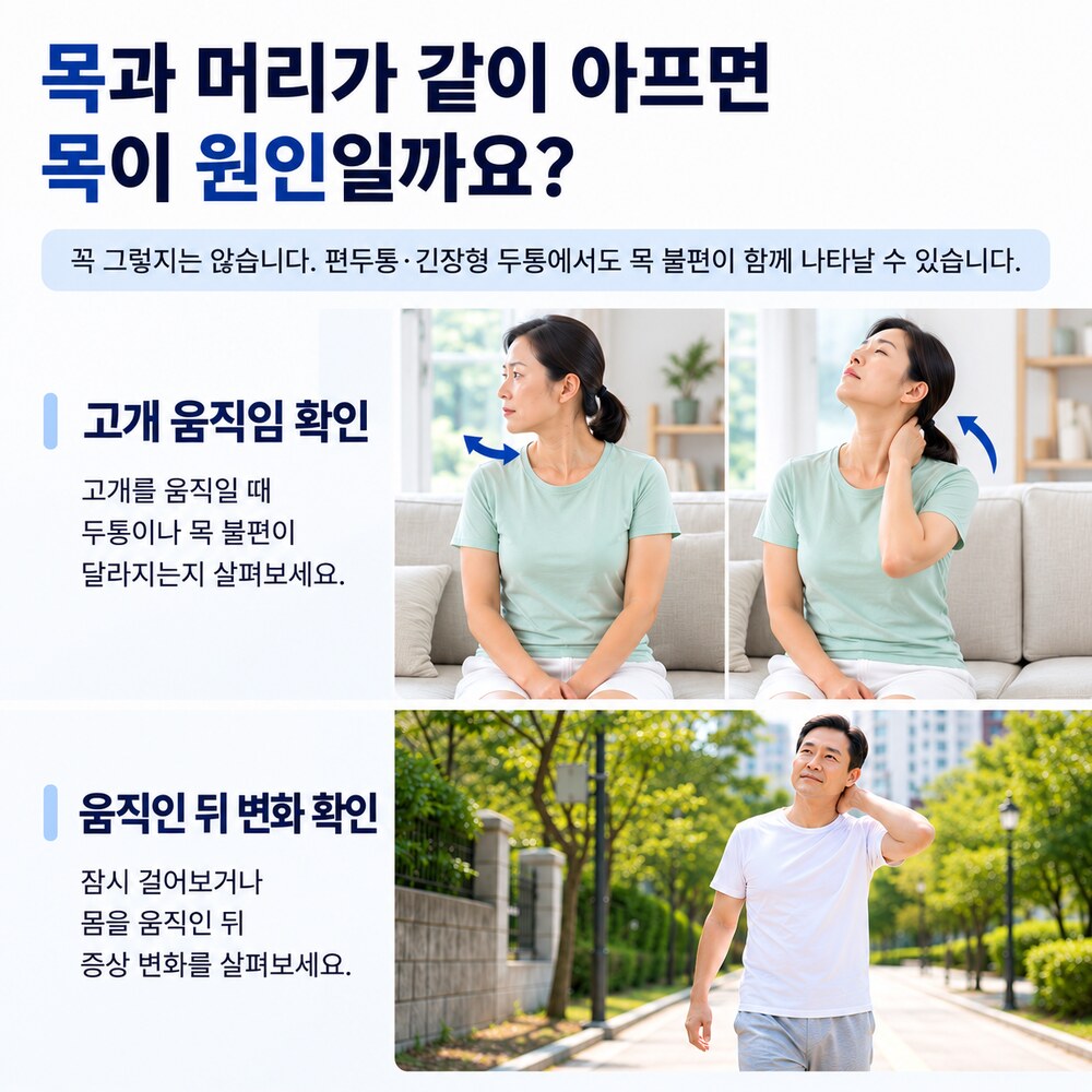 목과 머리가 같이 아프면 목이 원인일까요 - 편두통·긴장형 두통에서도 목 불편이 함께 나타날 수 있음