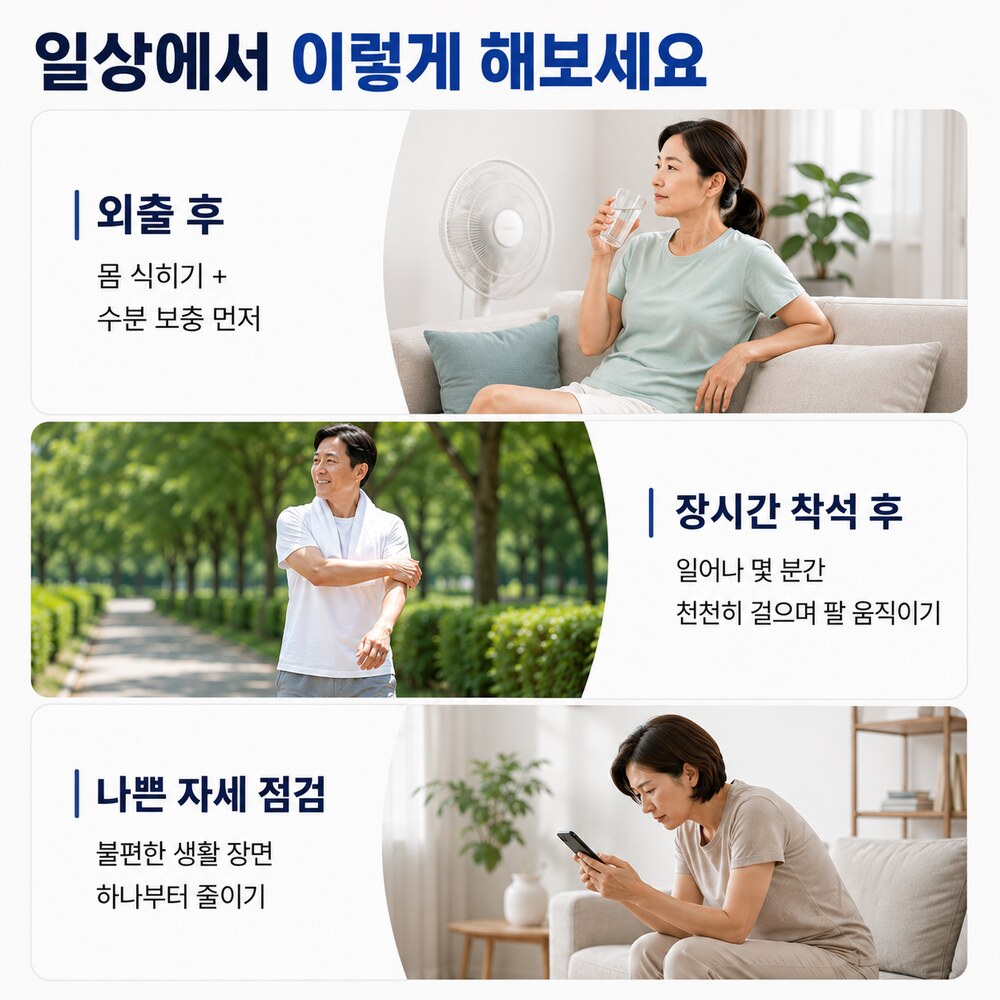 일상에서 이렇게 해보세요 - 외출 후 몸 식히기와 수분 보충, 장시간 착석 후 걷기, 나쁜 자세 점검