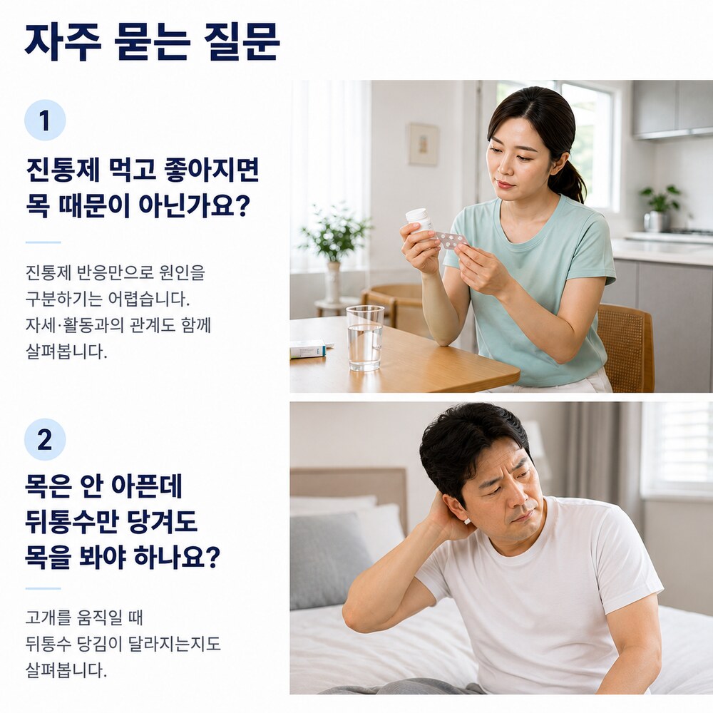 자주 묻는 질문 - 진통제를 먹고 좋아지면 목 때문이 아닌가요, 뒤통수만 당겨도 목을 살펴봐야 하나요