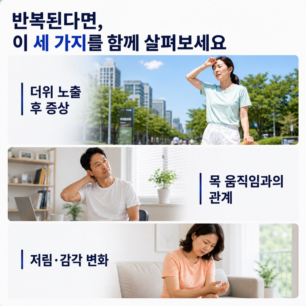 반복된다면 이 세 가지를 함께 살펴보세요 - 더위 노출 후 증상, 목 움직임과의 관계, 저림·감각 변화