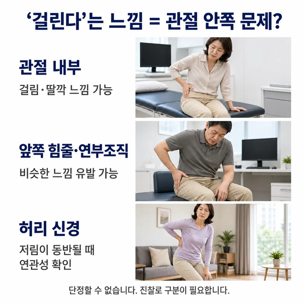 걸린다는 느낌 = 관절 안쪽 문제 - 관절 내부: 걸림·딸깍 느낌 가능, 앞쪽 힘줄·연부조직: 비슷한 느낌 유발 가능, 허리 신경: 저림이 동반될 때 연관성 확인, 단정할 수 없습니다 진찰로 구분이 필요합니다