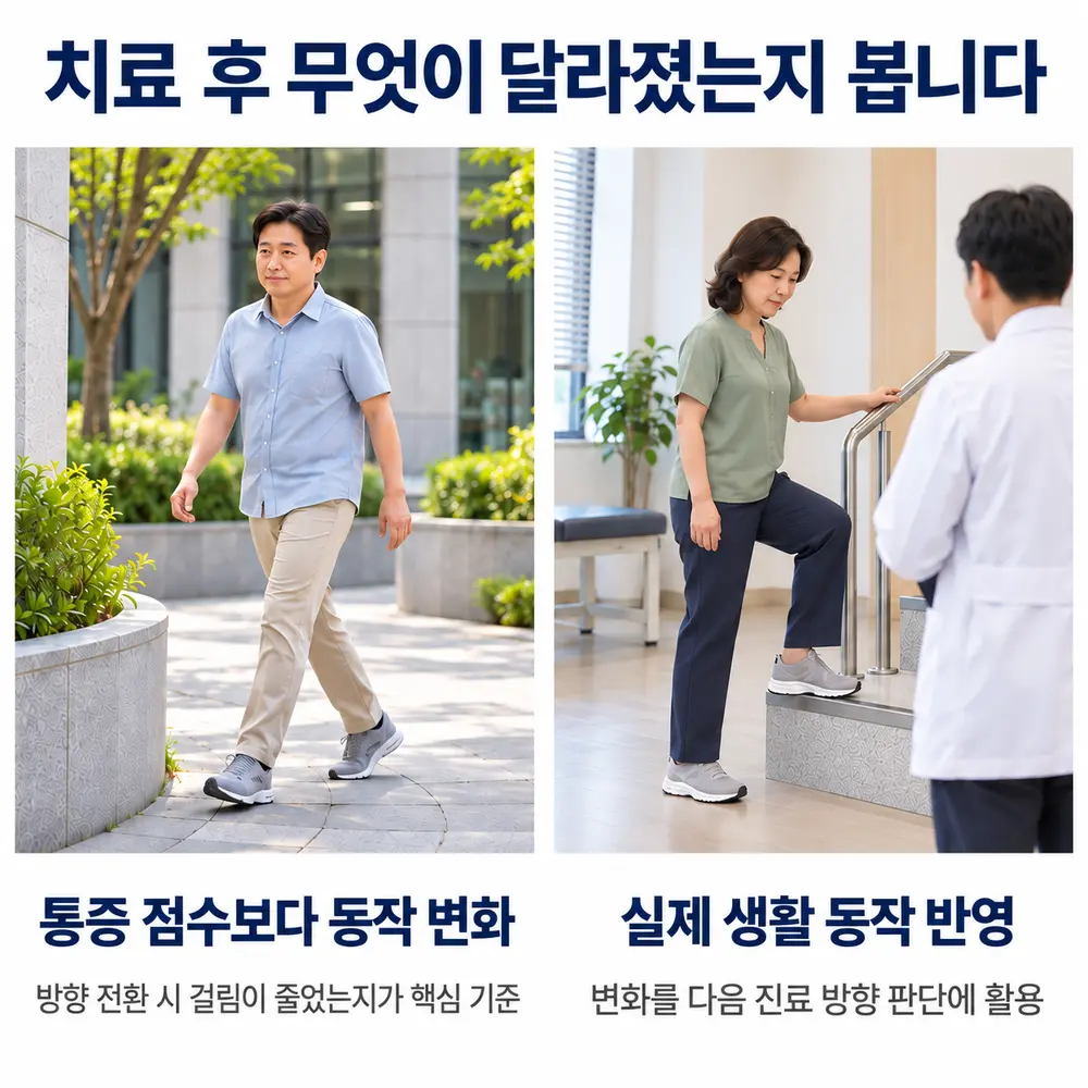 치료 후 무엇이 달라졌는지 봅니다 - 통증 점수보다 동작 변화: 방향 전환 시 걸림이 줄었는지가 핵심 기준, 실제 생활 동작 반영: 변화를 다음 진료 방향 판단에 활용