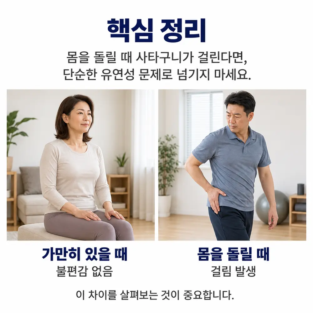 핵심 정리 - 몸을 돌릴 때 사타구니가 걸린다면 단순한 유연성 문제로 넘기지 마세요, 가만히 있을 때는 불편감 없음, 몸을 돌릴 때는 걸림 발생, 이 차이를 살펴보는 것이 중요합니다