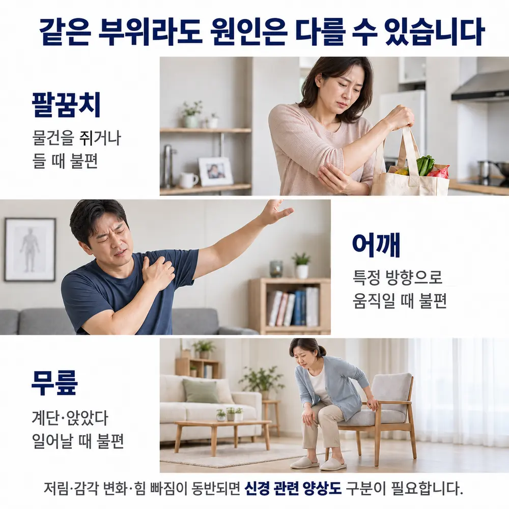 같은 부위라도 원인은 다를 수 있습니다 - 팔꿈치: 물건을 쥐거나 들 때 불편, 어깨: 특정 방향으로 움직일 때 불편, 무릎: 계단·앉았다 일어날 때 불편, 저림·감각 변화·힘 빠짐이 동반되면 신경 관련 양상도 구분이 필요합니다