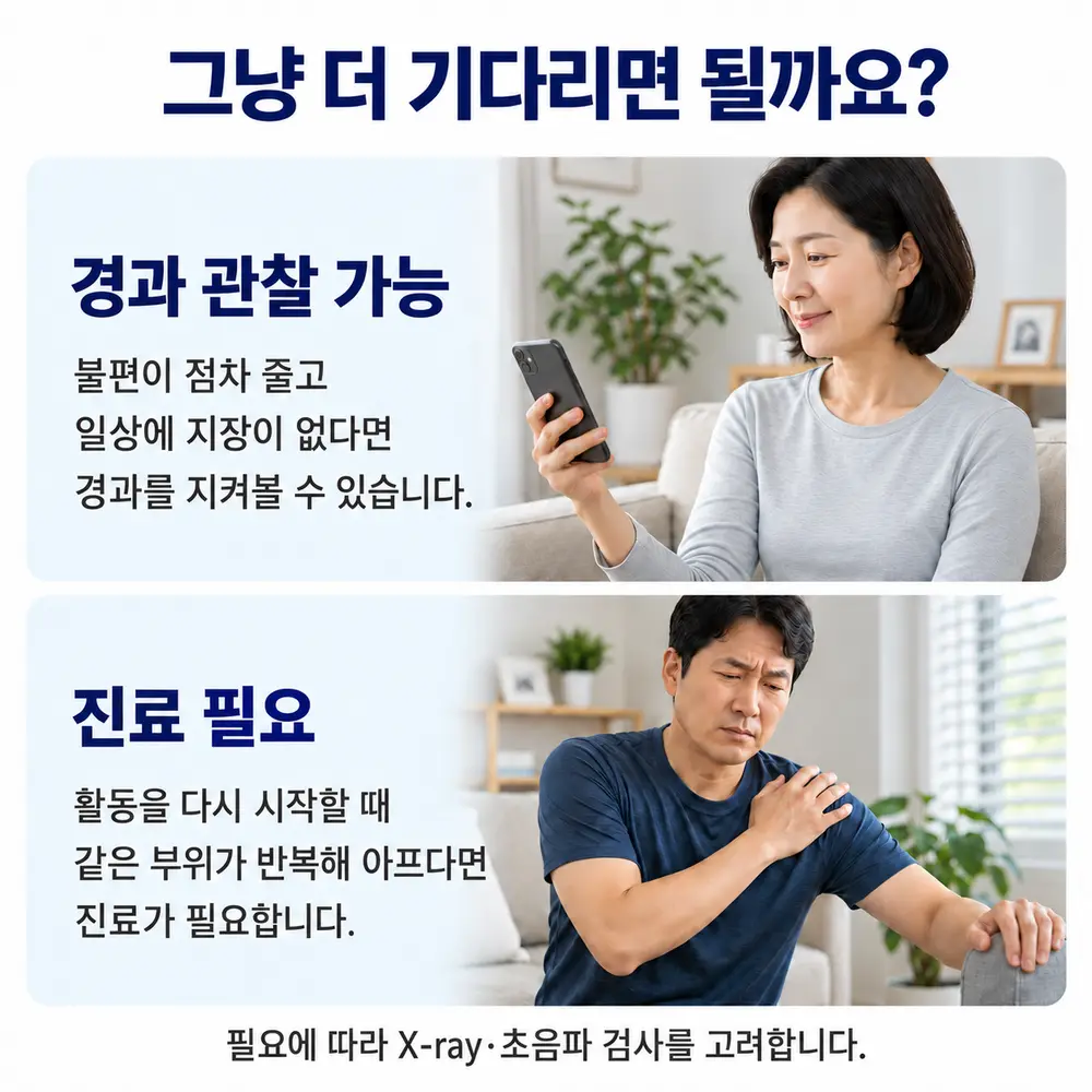 그냥 더 기다리면 될까요 - 경과 관찰 가능: 불편이 점차 줄고 일상에 지장이 없다면 경과를 지켜볼 수 있습니다, 진료 필요: 활동을 다시 시작할 때 같은 부위가 반복해 아프다면 진료가 필요합니다, 필요에 따라 X-ray·초음파 검사를 고려합니다