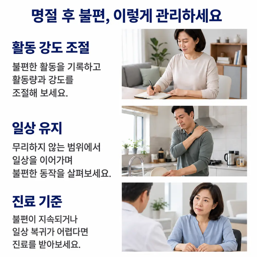 명절 후 불편, 이렇게 관리하세요 - 활동 강도 조절: 불편한 활동을 기록하고 활동량과 강도를 조절해 보세요, 일상 유지: 무리하지 않는 범위에서 일상을 이어가며 불편한 동작을 살펴보세요, 진료 기준: 불편이 지속되거나 일상 복귀가 어렵다면 진료를 받아보세요