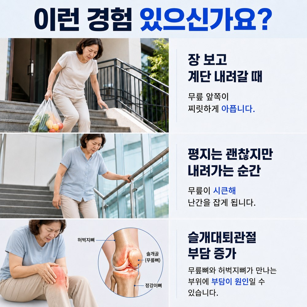 이런 경험 있으신가요 - 장 보고 계단 내려갈 때, 평지는 괜찮지만 내려가는 순간, 슬개대퇴관절 부담 증가