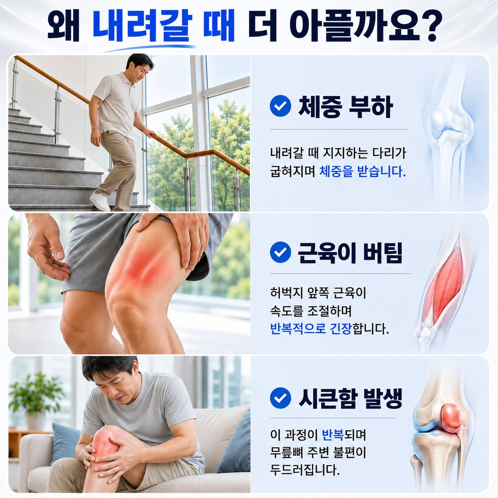 왜 내려갈 때 더 아플까요 - 체중 부하, 근육이 버팀, 시큰함 발생