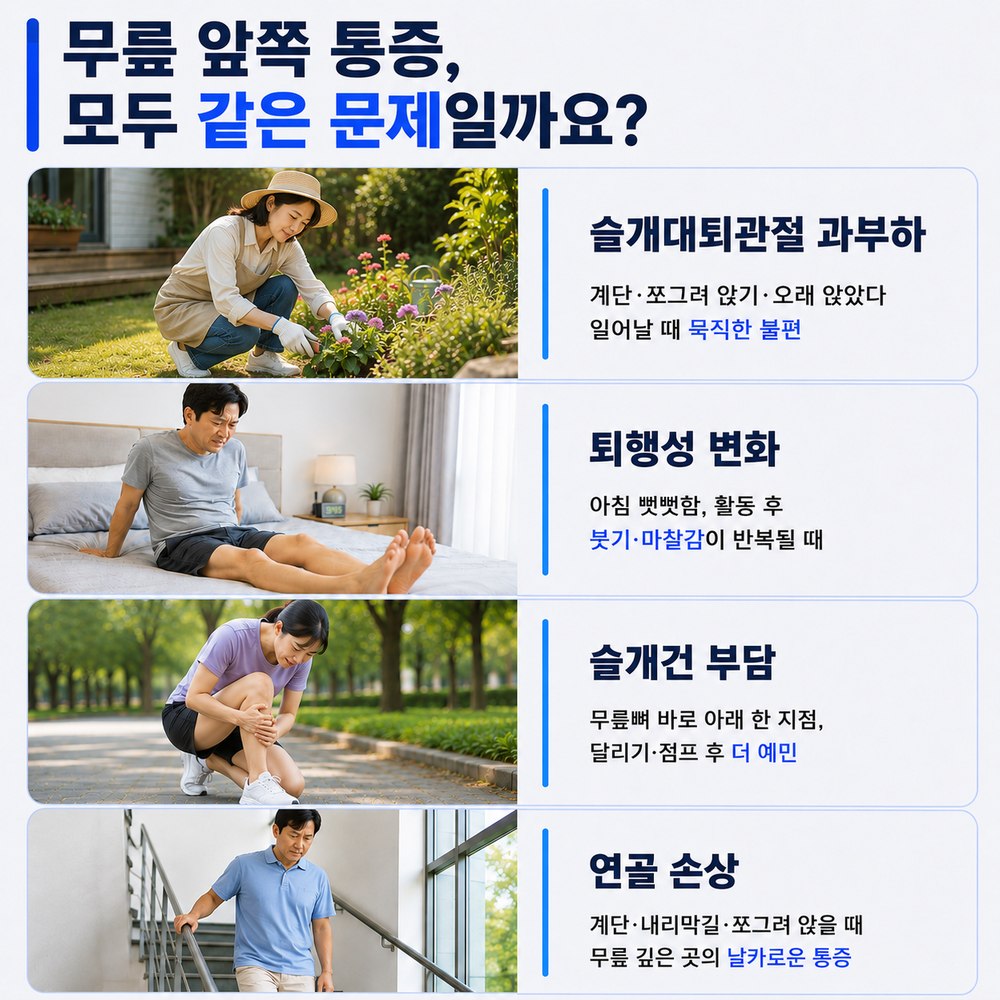 무릎 앞쪽 통증 모두 같은 문제일까요 - 슬개대퇴관절 과부하, 퇴행성 변화, 슬개건 부담, 연골 손상