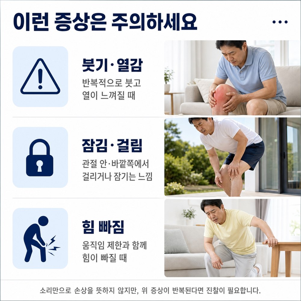 이런 증상은 주의하세요 - 붓기·열감, 잠김·걸림, 힘 빠짐