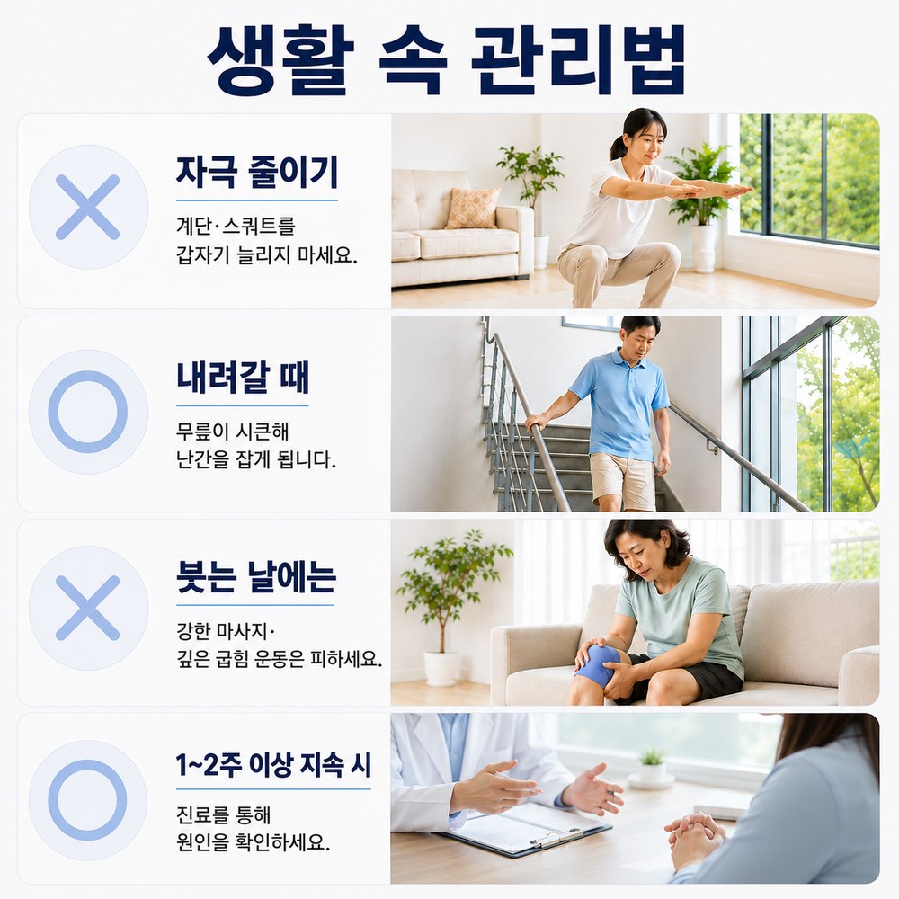 생활 속 관리법 - 계단·스쿼트 갑자기 늘리지 않기, 붓는 날에는 강한 마사지·깊은 굽힘 피하기, 1~2주 이상 지속 시 진료