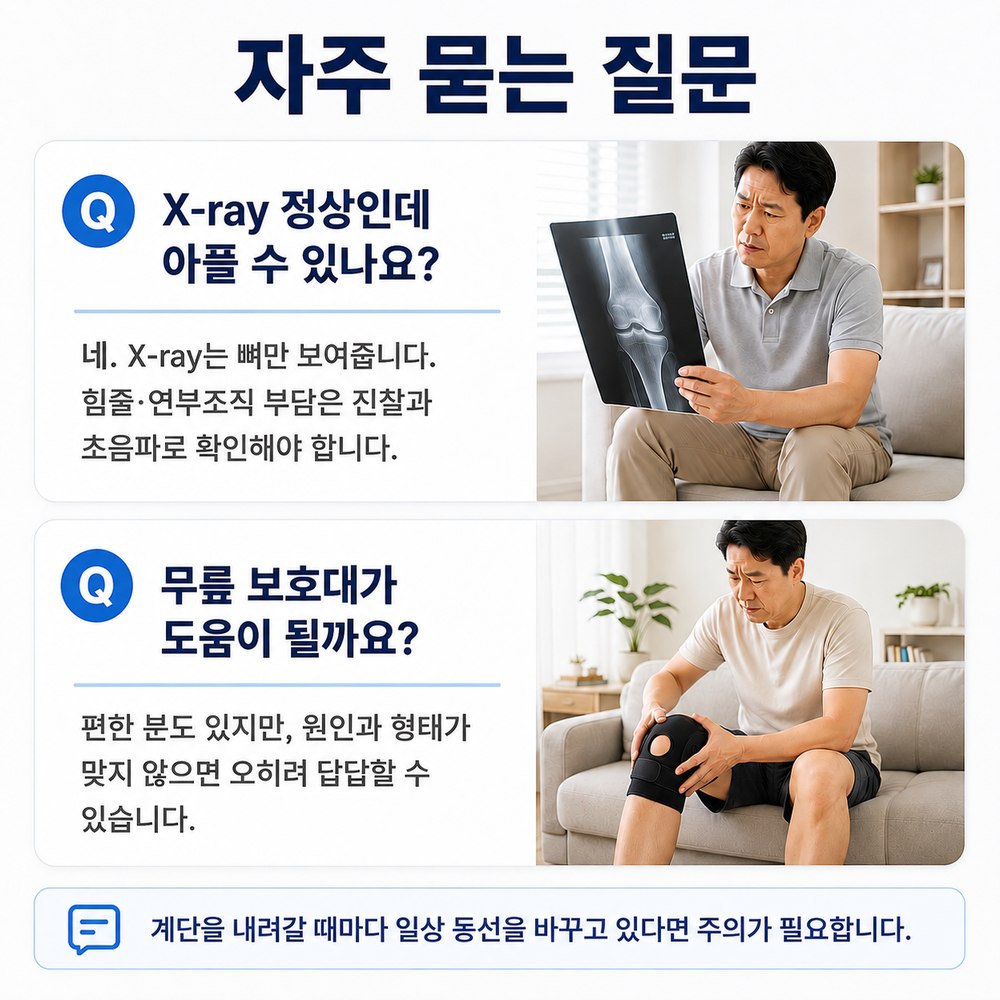 자주 묻는 질문 - X-ray 정상인데 아플 수 있나요, 무릎 보호대가 도움이 될까요