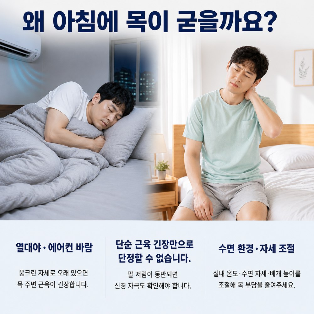 왜 아침에 목이 굳을까요 - 열대야·에어컨 바람, 단순 근육 긴장만으로 단정할 수 없음, 수면 환경·자세 조절