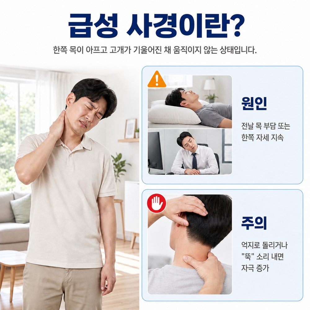급성 사경이란 - 한쪽 목이 아프고 고개가 기울어진 채 움직이지 않는 상태