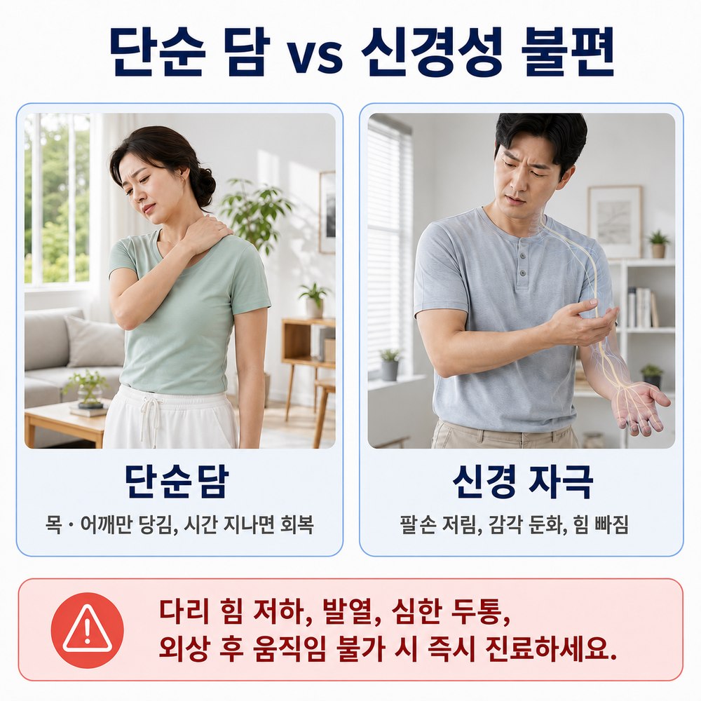 단순 담 vs 신경성 불편 - 목·어깨만 당김, 팔손 저림·감각 둔화·힘 빠짐