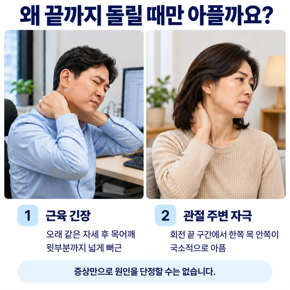 왜 끝까지 돌릴 때만 아플까요 - 1. 근육 긴장: 오래 같은 자세 후 목어깨 윗부분까지 넓게 뻐근, 2. 관절 주변 자극: 회전 끝 구간에서 한쪽 목 안쪽이 국소적으로 아픔, 증상만으로 원인을 단정할 수는 없습니다