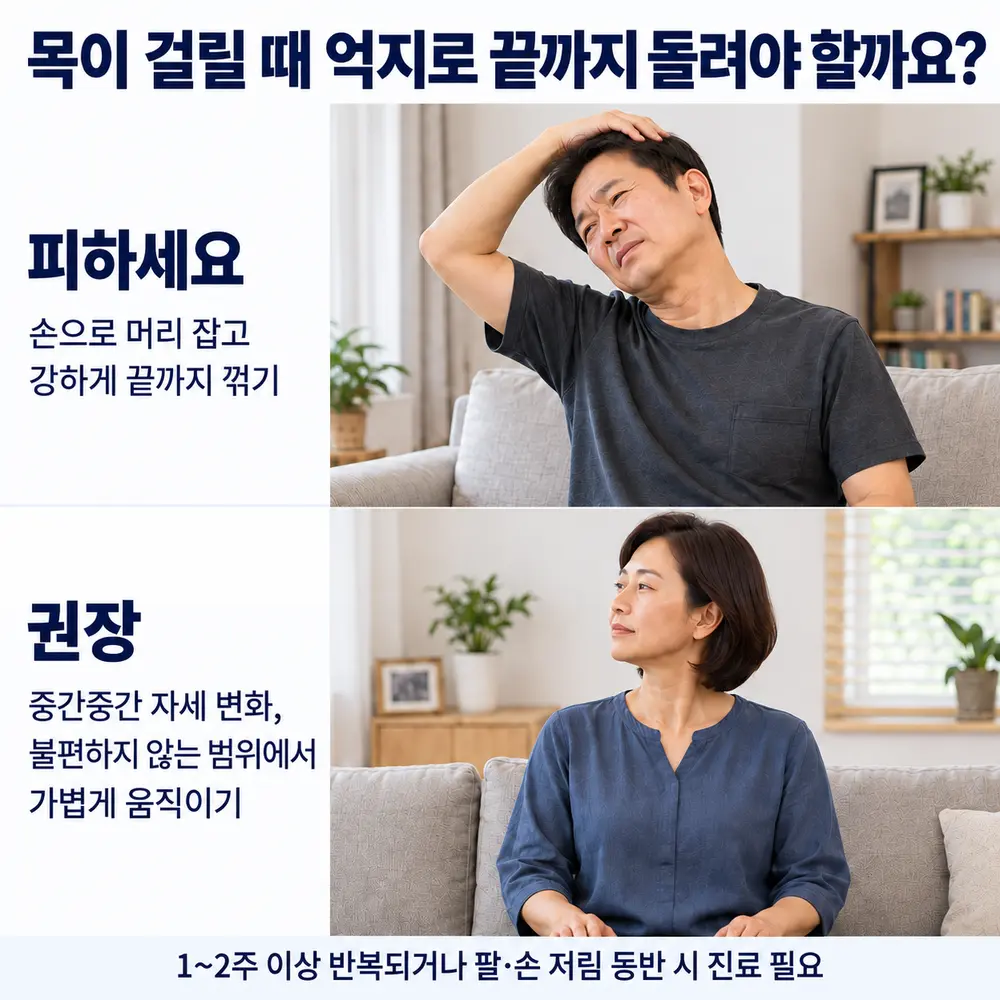목이 걸릴 때 억지로 끝까지 돌려야 할까요 - 피하세요: 손으로 머리 잡고 강하게 끝까지 꺾기, 권장: 중간중간 자세 변화, 불편하지 않는 범위에서 가볍게 움직이기, 1~2주 이상 반복되거나 팔·손 저림 동반 시 진료 필요