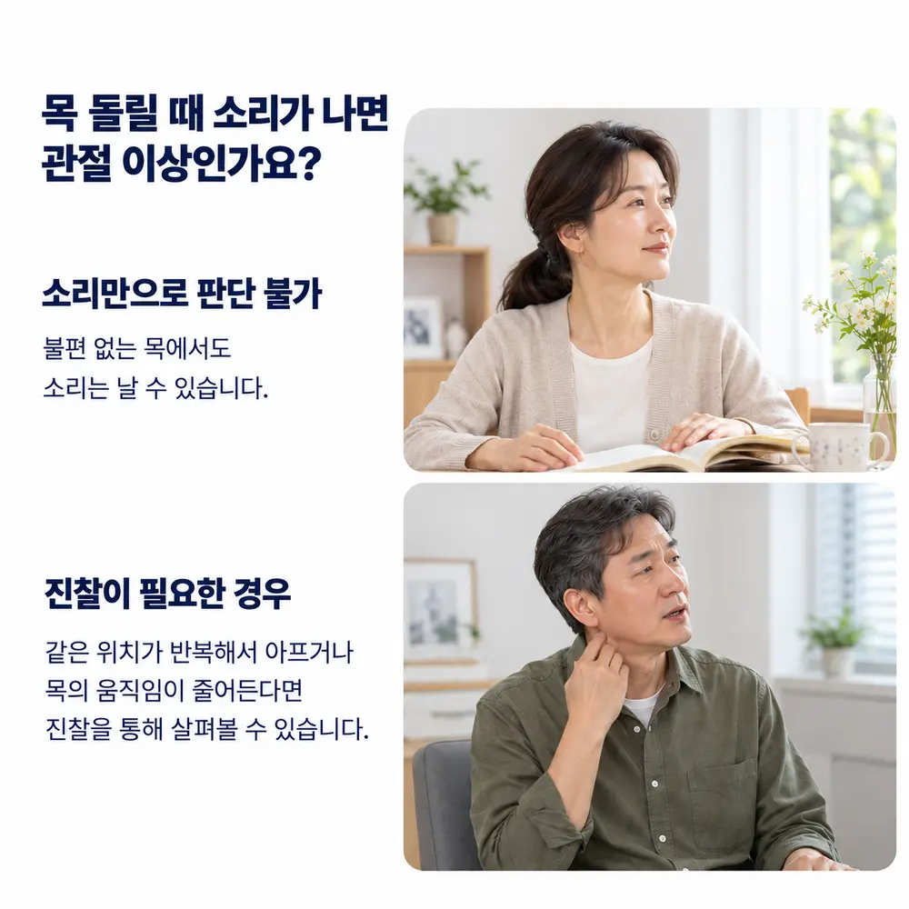 목 돌릴 때 소리가 나면 관절 이상인가요 - 소리만으로 판단 불가: 불편 없는 목에서도 소리는 날 수 있습니다, 진찰이 필요한 경우: 같은 위치가 반복해서 아프거나 목의 움직임이 줄어든다면 진찰을 통해 살펴볼 수 있습니다