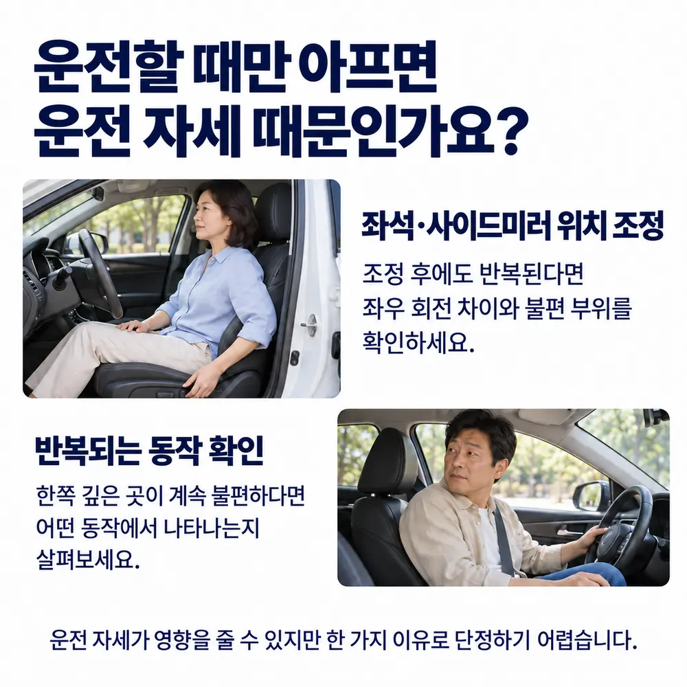 운전할 때만 아프면 운전 자세 때문인가요 - 좌석·사이드미러 위치 조정: 조정 후에도 반복된다면 좌우 회전 차이와 불편 부위를 확인하세요, 반복되는 동작 확인: 한쪽 깊은 곳이 계속 불편하다면 어떤 동작에서 나타나는지 살펴보세요, 운전 자세가 영향을 줄 수 있지만 한 가지 이유로 단정하기는 어렵습니다