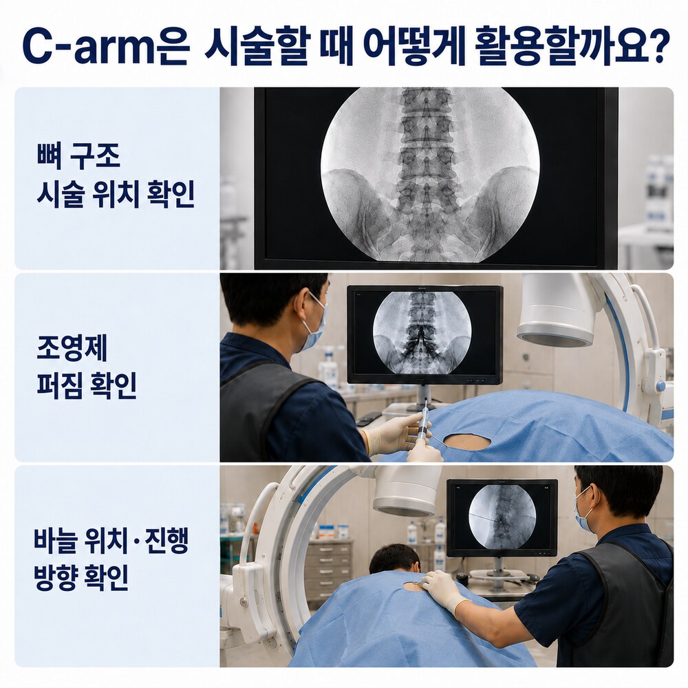 C-arm은 시술할 때 어떻게 활용할까요 - 뼈 구조와 시술 위치 확인, 조영제 퍼짐 확인, 바늘 위치·진행 방향 확인