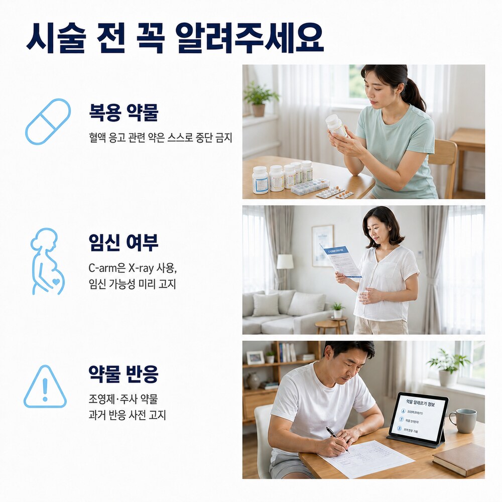 시술 전 꼭 알려주세요 - 복용 약물, 임신 여부, 조영제·주사 약물 반응