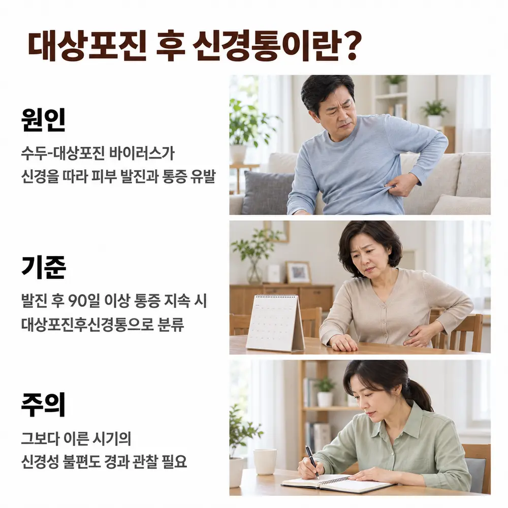 대상포진 후 신경통이란 - 원인: 수두-대상포진 바이러스가 신경을 따라 피부 발진과 통증 유발, 기준: 발진 후 90일 이상 통증 지속 시 대상포진후신경통으로 분류, 주의: 그보다 이른 시기의 신경성 불편도 경과 관찰 필요
