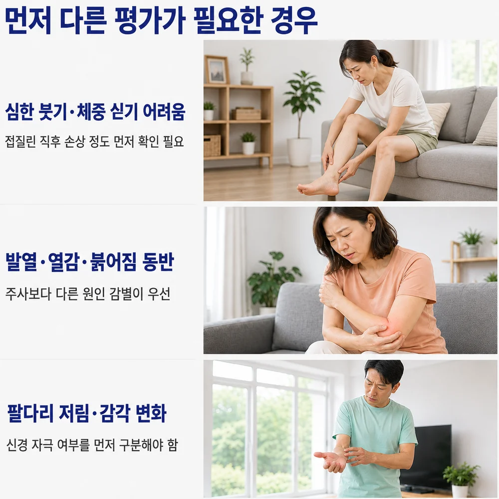 먼저 다른 평가가 필요한 경우 - 심한 붓기·체중 싣기 어려움, 발열·열감·붉어짐 동반, 팔다리 저림·감각 변화