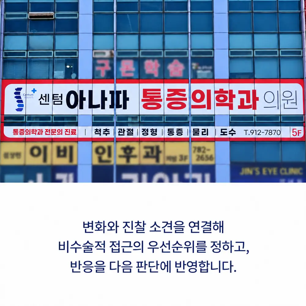 센텀아나파에서 함께 살펴보겠습니다 - 변화와 진찰 소견을 연결해 비수술적 접근의 우선순위를 정하고, 반응을 다음 판단에 반영합니다