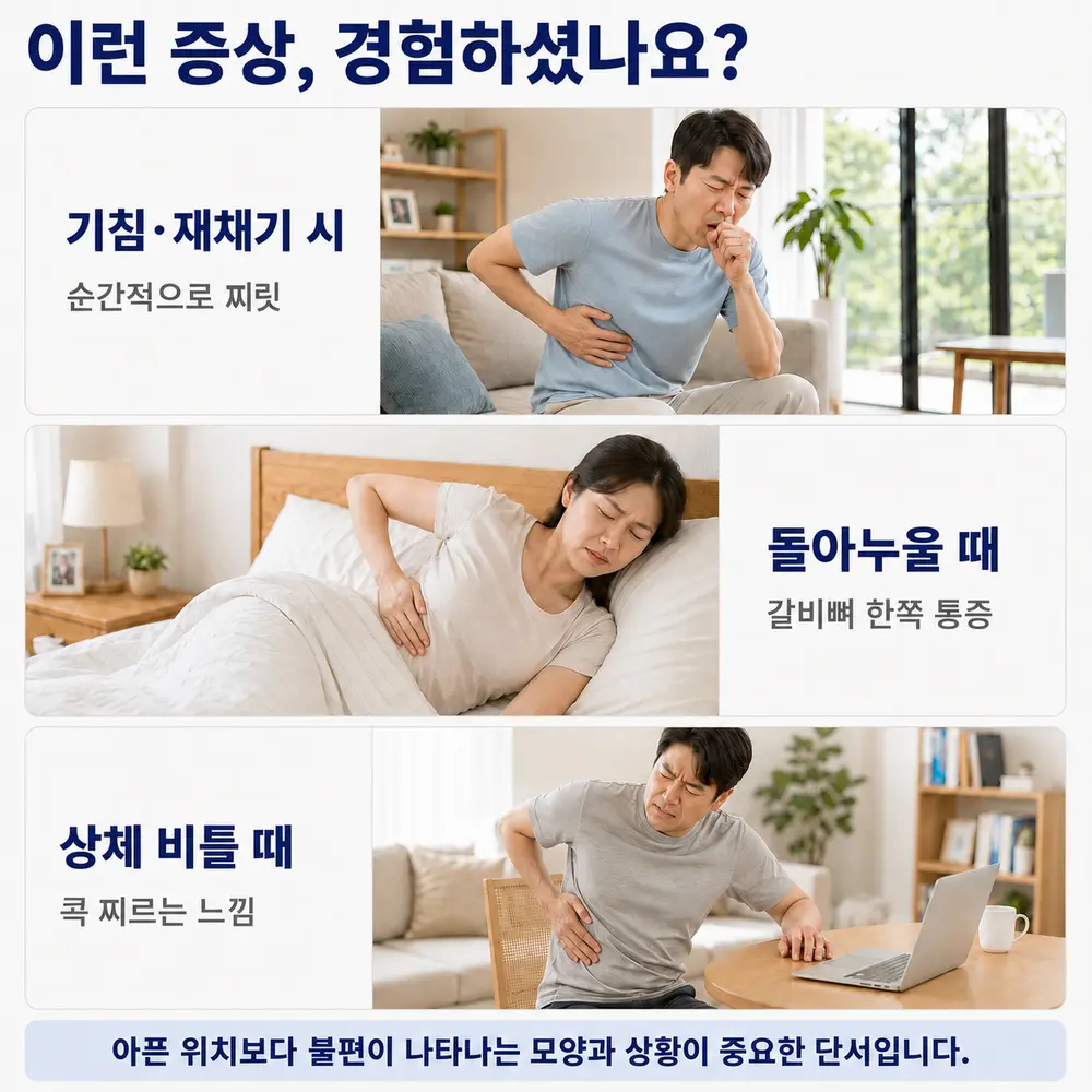 이런 증상 경험하셨나요 - 기침·재채기 시 순간적으로 찌릿, 돌아누울 때 갈비뼈 한쪽 통증, 상체 비틀 때 콕 찌르는 느낌