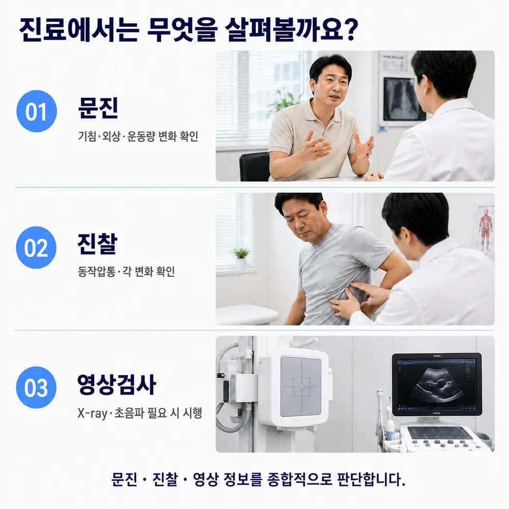 진료에서는 무엇을 살펴볼까요 - 01 문진으로 기침·외상·운동량 변화 확인, 02 진찰로 동작압통·각 변화 확인, 03 필요 시 X-ray·초음파 영상검사